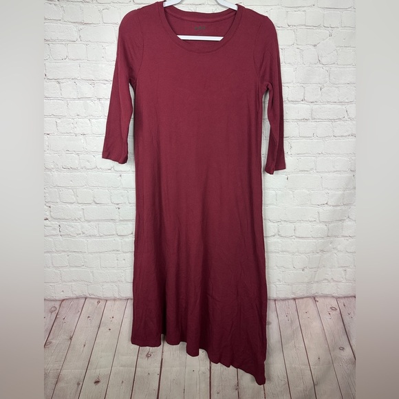 Three Dots supima cotton modal‎ thermal Pullover midi 3/4 slv Dress red sz S GUC - Picture 1 of 5